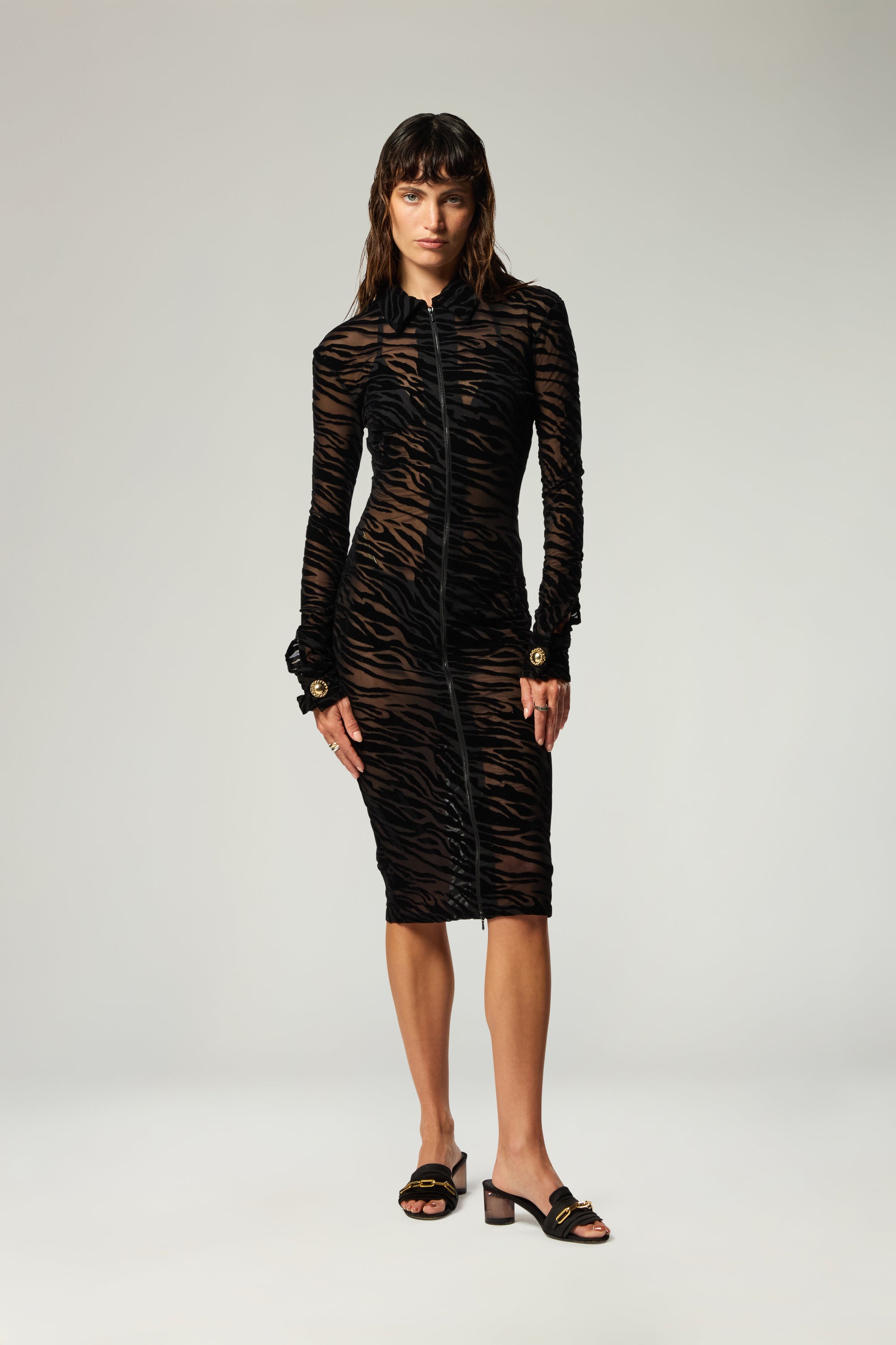 ZIP SHIRT DRESS IN ZEBRA MESH