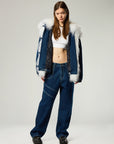 UNISEX DENIM BOMBER JACKET WITH MONGOLIAN FUR HOOD  - PRE ORDER