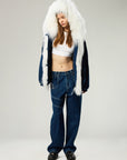 UNISEX DENIM BOMBER JACKET WITH MONGOLIAN FUR HOOD  - PRE ORDER