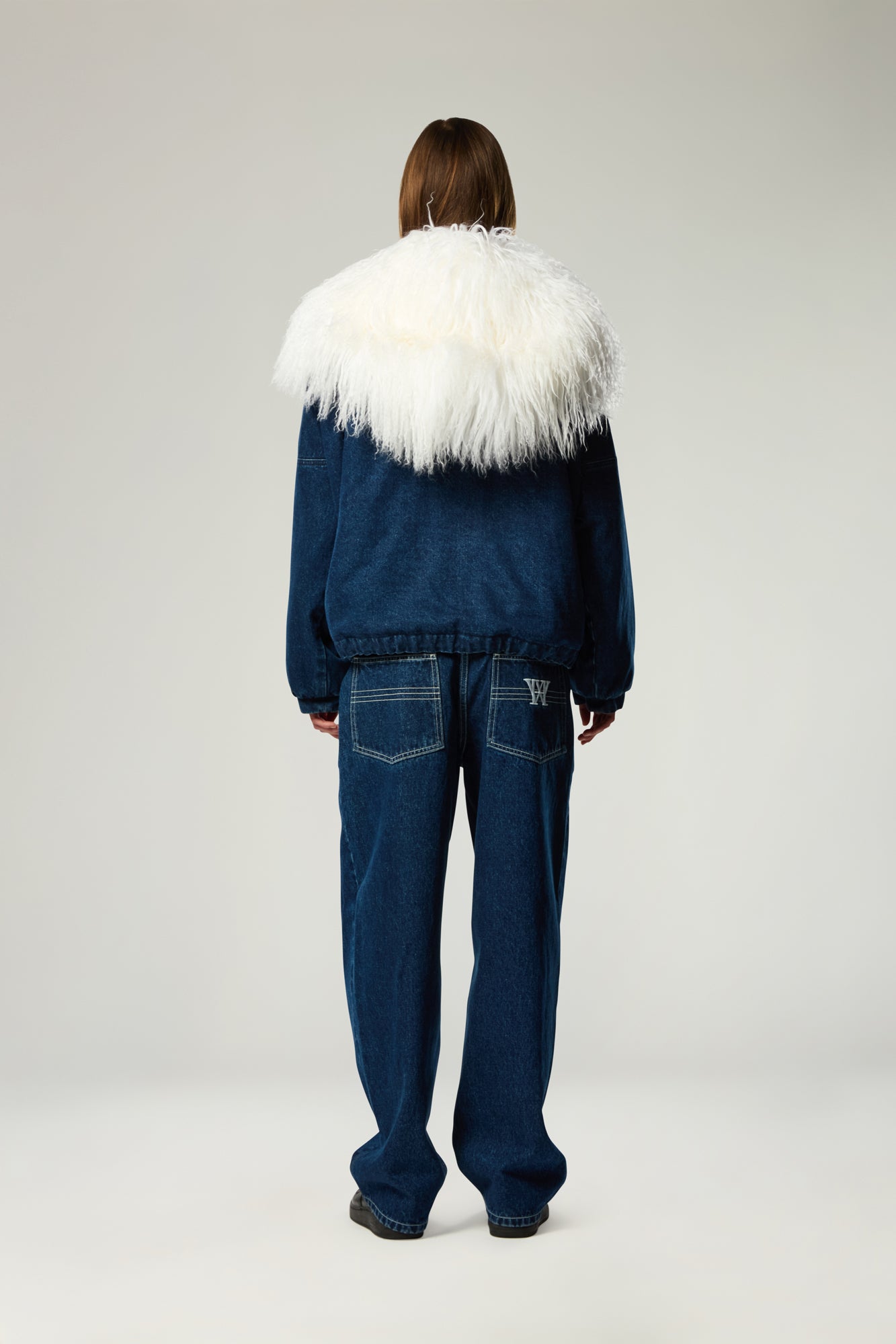 UNISEX DENIM BOMBER JACKET WITH MONGOLIAN FUR HOOD  - PRE ORDER