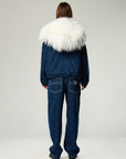 UNISEX DENIM BOMBER JACKET WITH MONGOLIAN FUR HOOD  - PRE ORDER