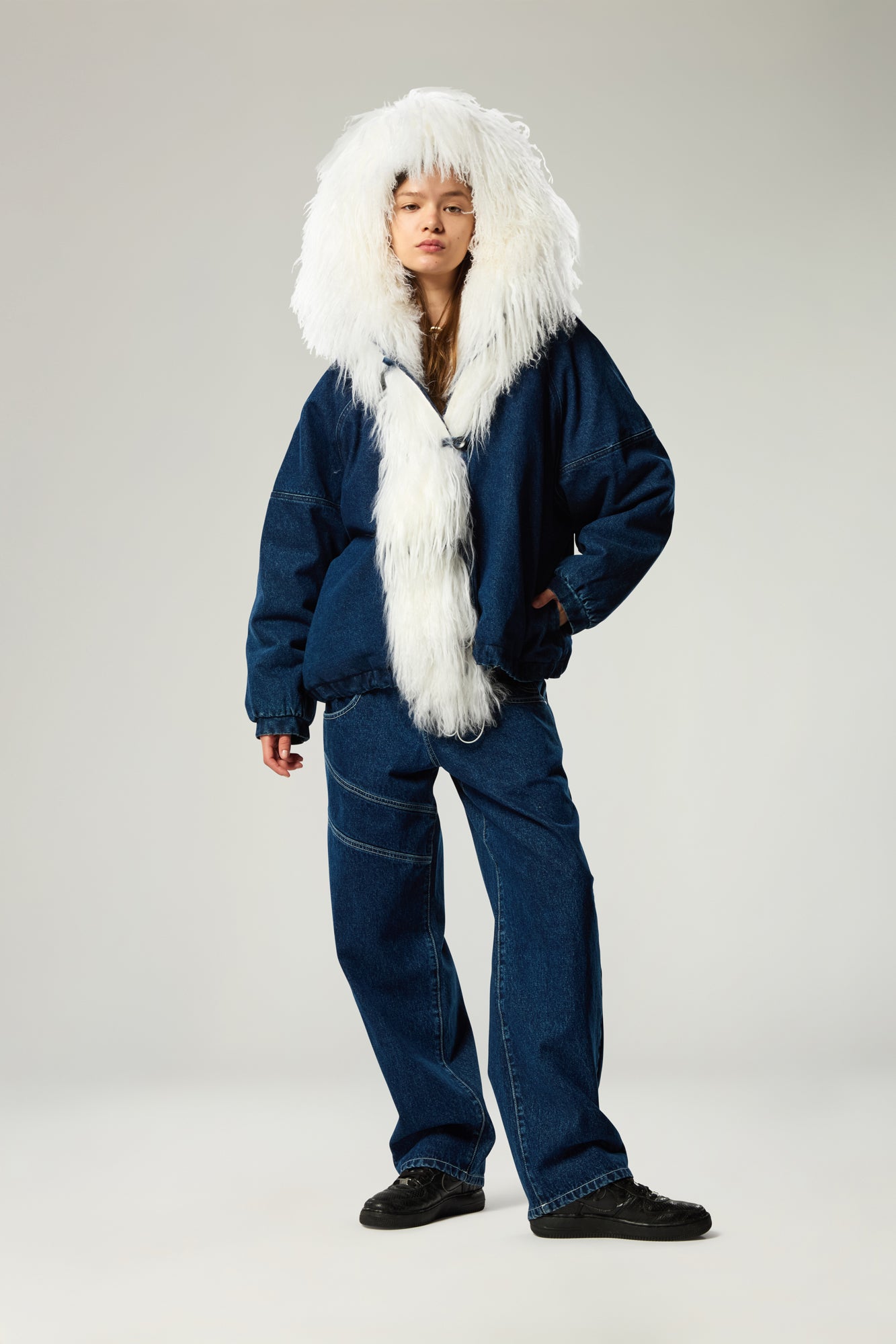 UNISEX DENIM BOMBER JACKET WITH MONGOLIAN FUR HOOD  - PRE ORDER