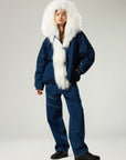 UNISEX DENIM BOMBER JACKET WITH MONGOLIAN FUR HOOD  - PRE ORDER