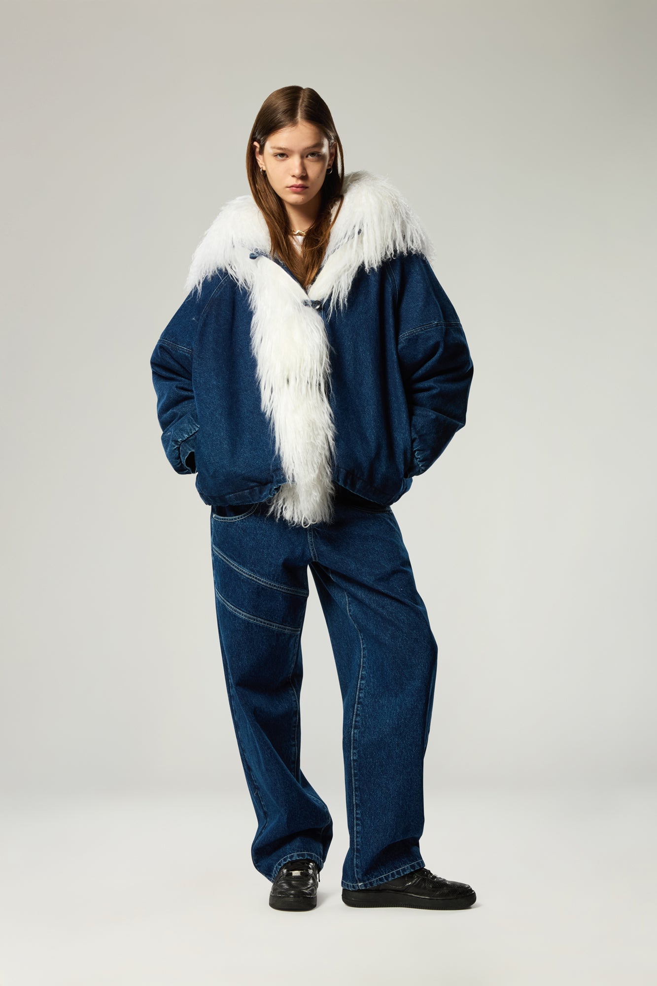 UNISEX DENIM BOMBER JACKET WITH MONGOLIAN FUR HOOD - PRE ORDER