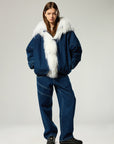 UNISEX DENIM BOMBER JACKET WITH MONGOLIAN FUR HOOD  - PRE ORDER