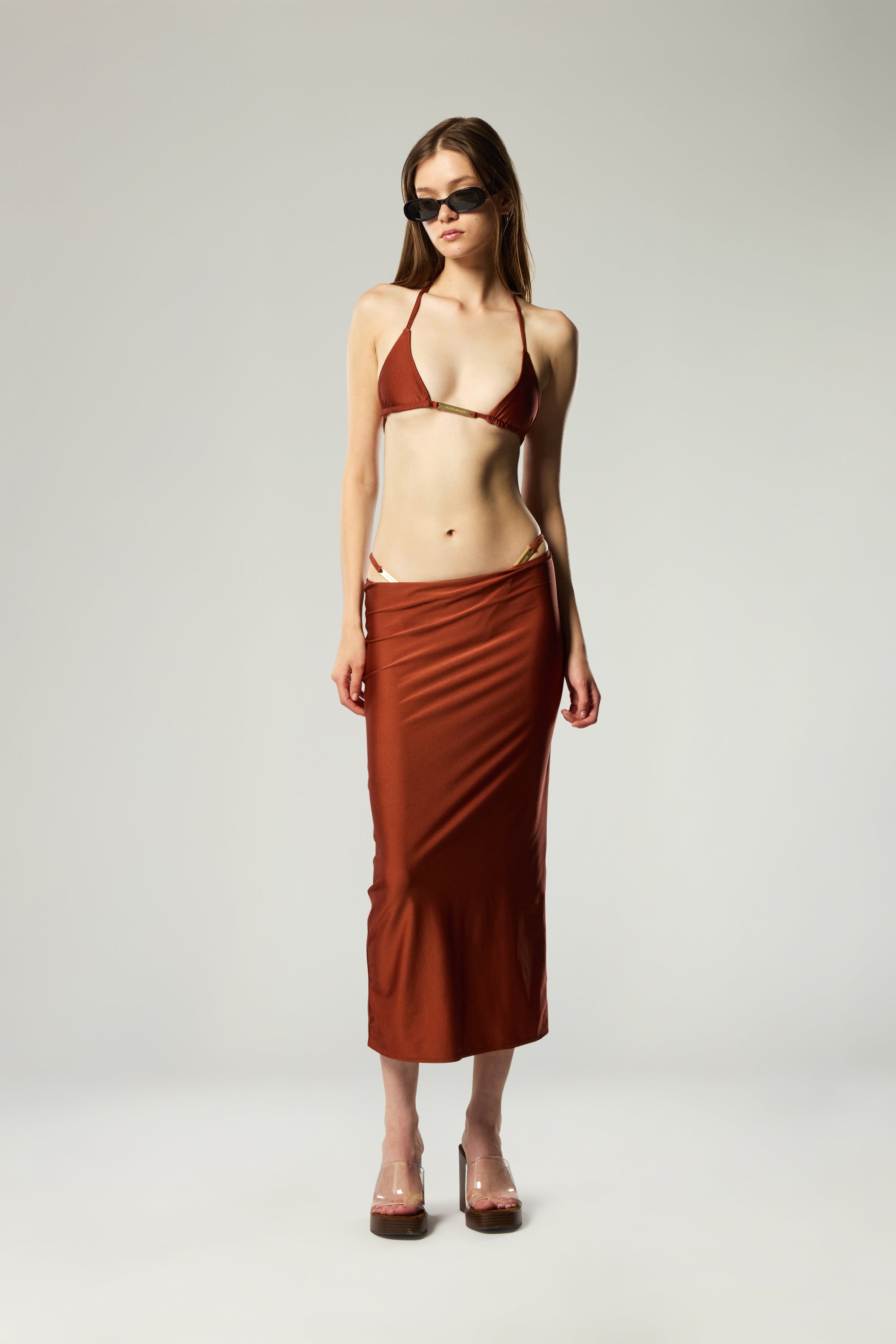 PENCIL MIDI SKIRT IN COPPER