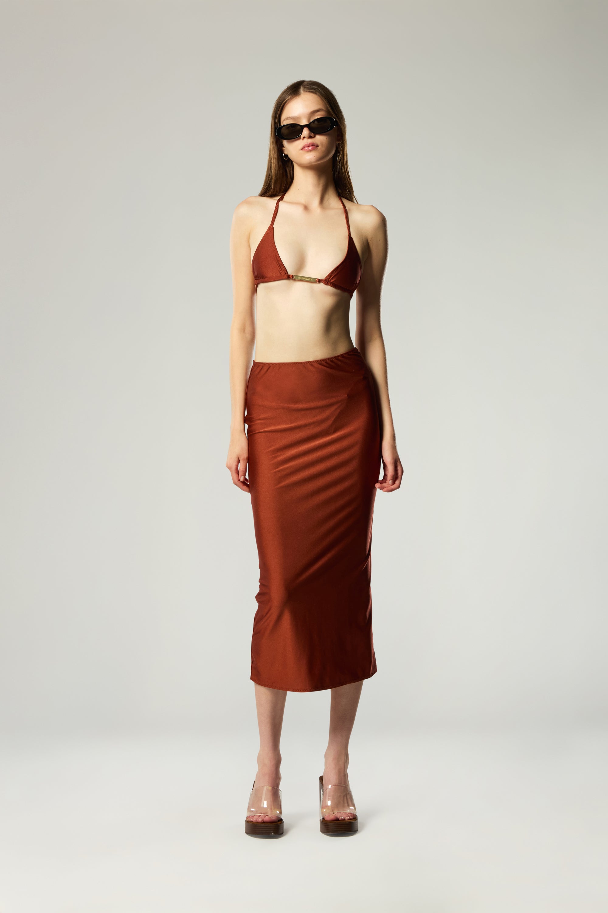 PENCIL MIDI SKIRT IN COPPER