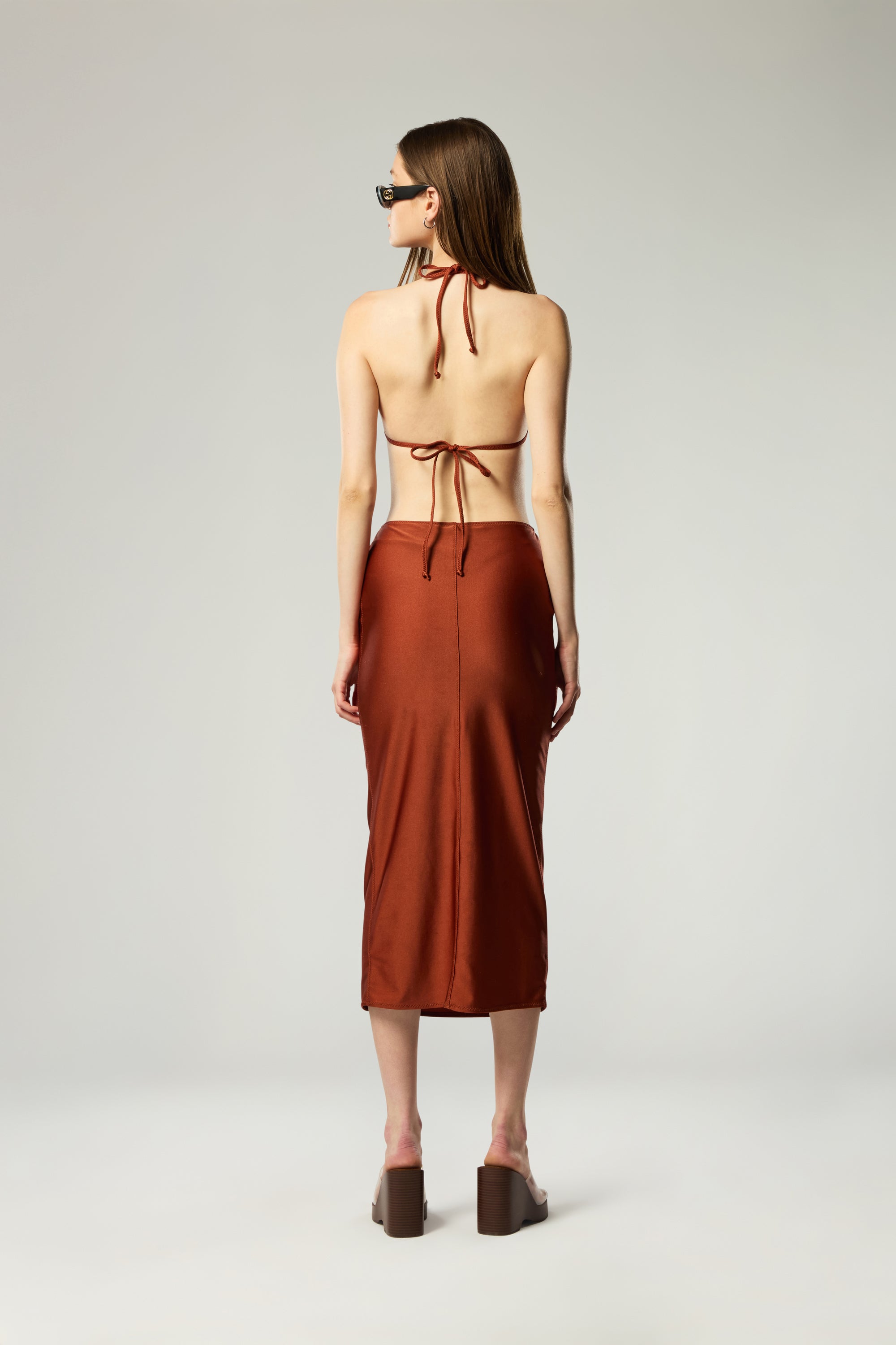 PENCIL MIDI SKIRT IN COPPER