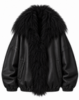LEATHER LANE UNISEX BLACK LEATHER BOMBER JACKET WITH MONGOLIAN FUR HOOD