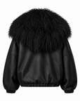 LEATHER LANE UNISEX BLACK LEATHER BOMBER JACKET WITH MONGOLIAN FUR HOOD
