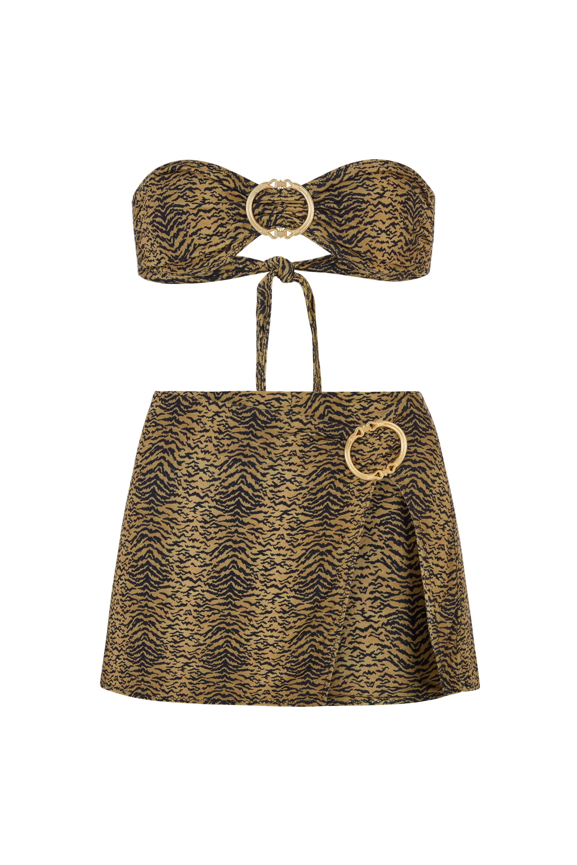BUCKLE BANDEAU BIKINI TOP AND BUCKLE SLIT SKIRT SET IN TIGER