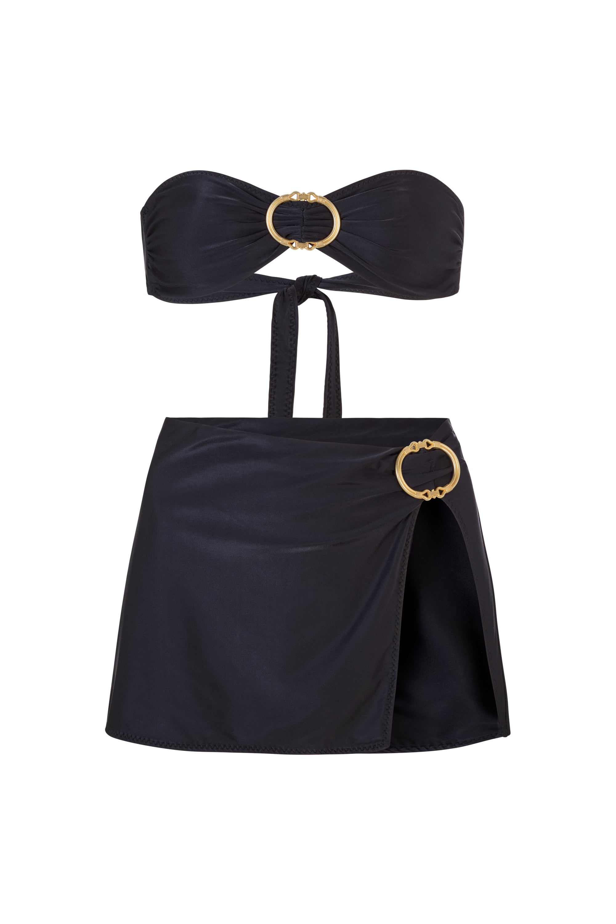 BUCKLE BANDEAU BIKINI TOP AND BUCKLE SLIT SKIRT SET IN BLACK