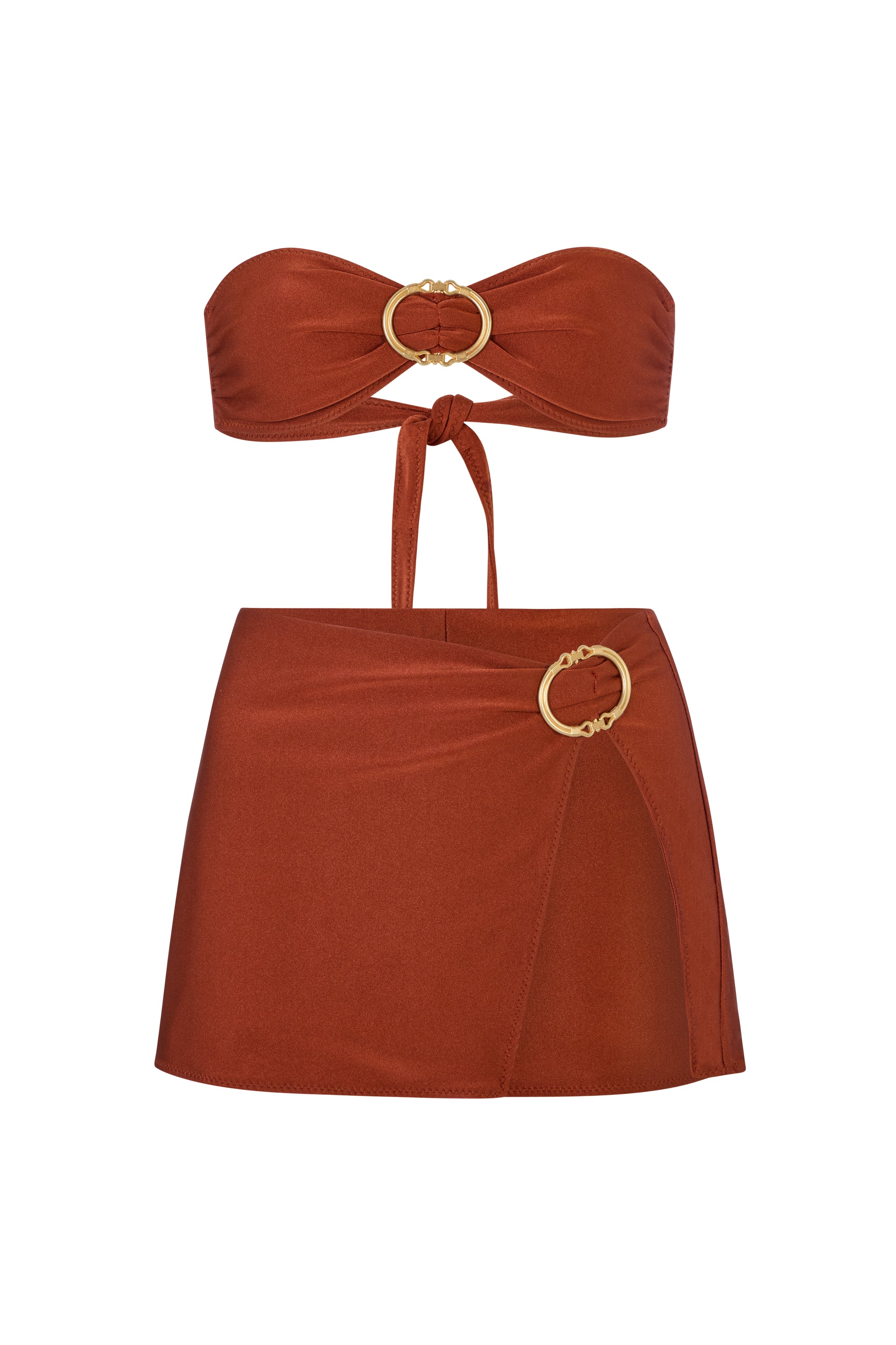BUCKLE BANDEAU BIKINI TOP AND BUCKLE SLIT SKIRT SET IN COPPER