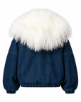 UNISEX DENIM BOMBER JACKET WITH MONGOLIAN FUR HOOD