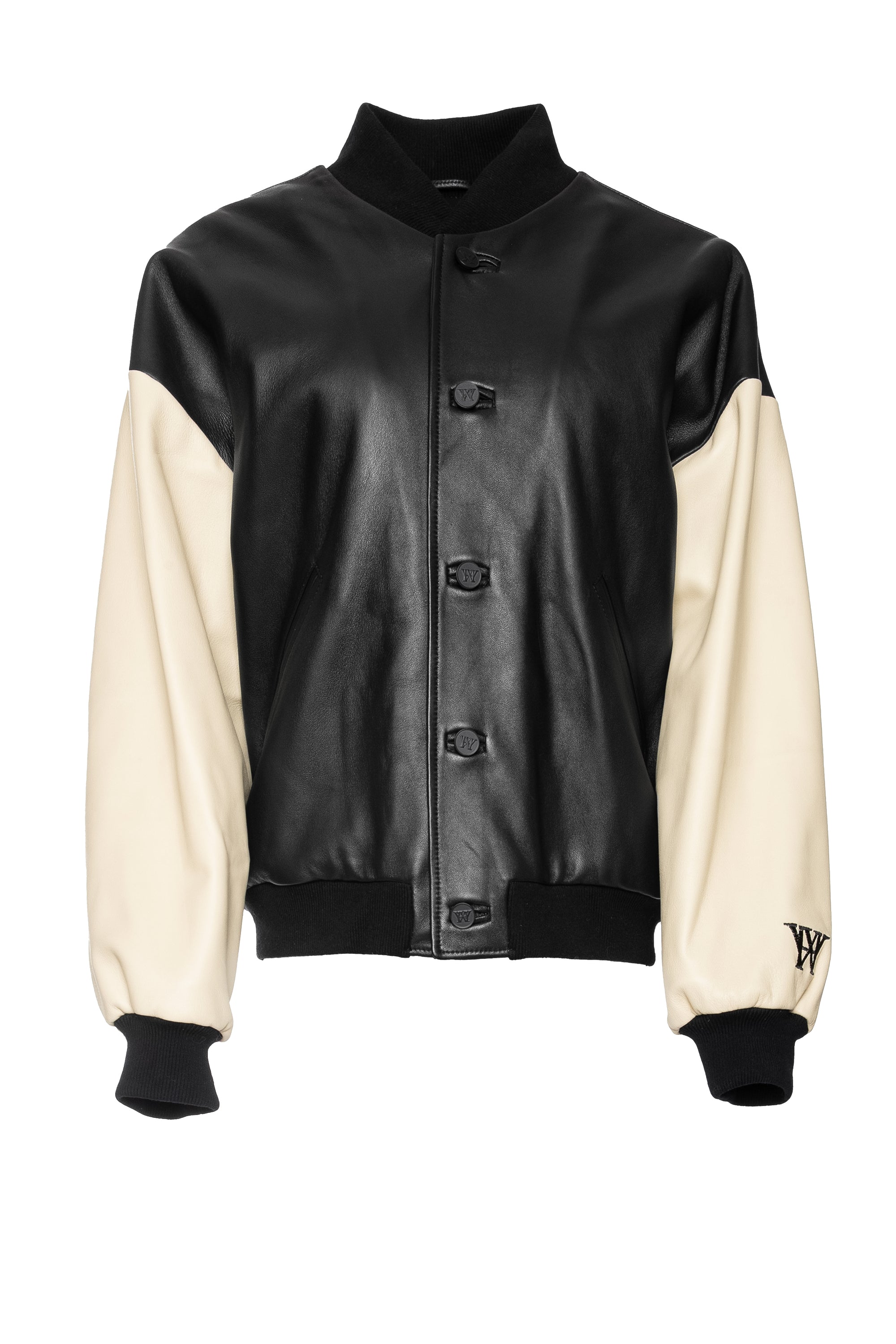 THE SQUAD LEATHER BOMBER IN BLACK AND CREAM