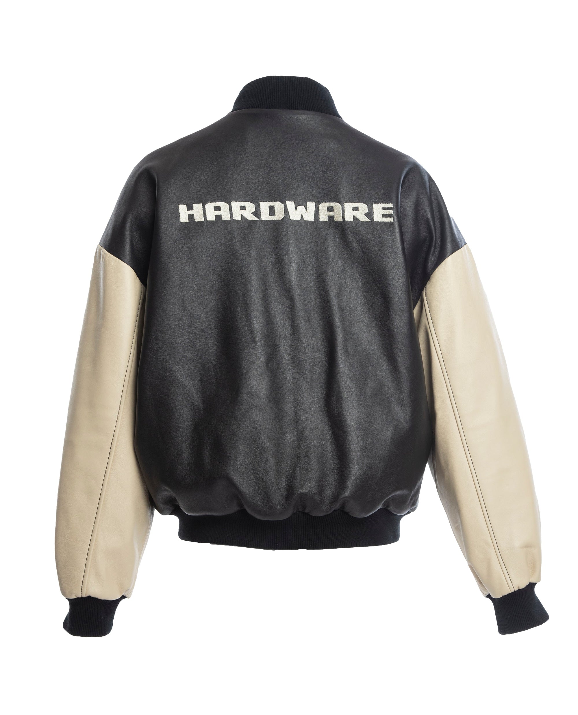 THE SQUAD LEATHER BOMBER IN BLACK AND CREAM