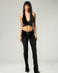 LOW-RIDER SKINNY FLARE BUCKLE PANTS IN BLACK
