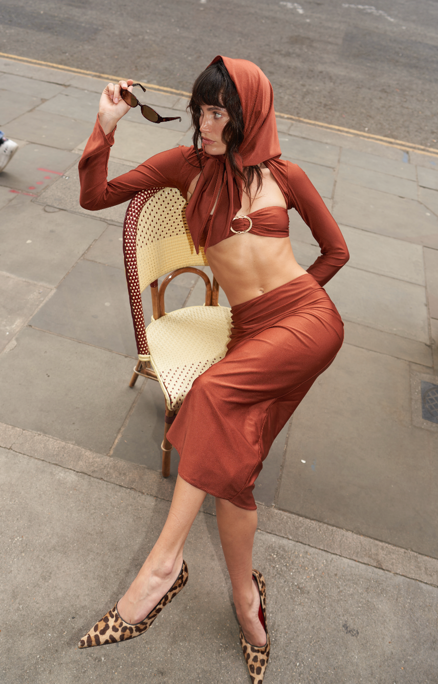 PENCIL MIDI SKIRT IN COPPER