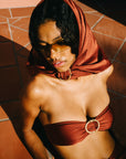 BUCKLE BANDEAU BIKINI TOP IN COPPER