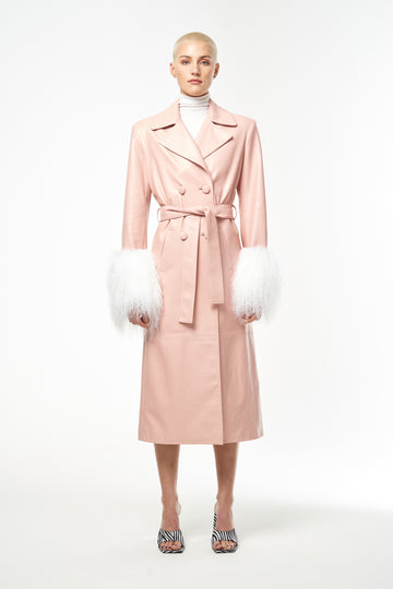 Rose Quartz Baby Pink Leather Trench With Mongolian fur Cuffs