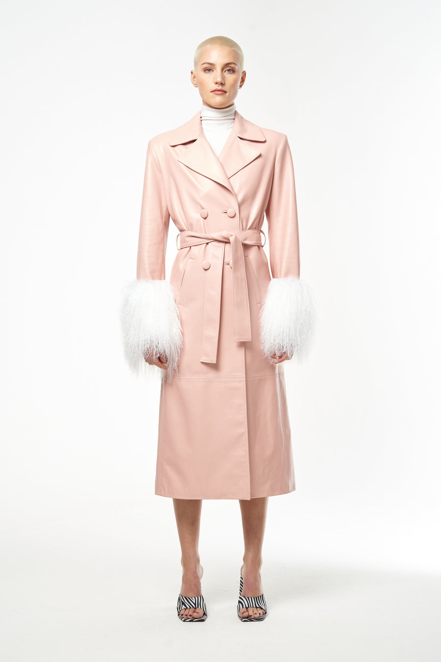 Rose Quartz Baby Pink Leather Trench With Mongolian fur Cuffs