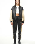 THE SQUAD LEATHER BOMBER IN BLACK AND CREAM