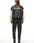 THE SQUAD LEATHER BOMBER IN BLACK AND CREAM