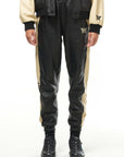THE VIRALIZER UNISEX LEATHER TRACKSUIT BOTTOMS IN BLACK AND CREAM
