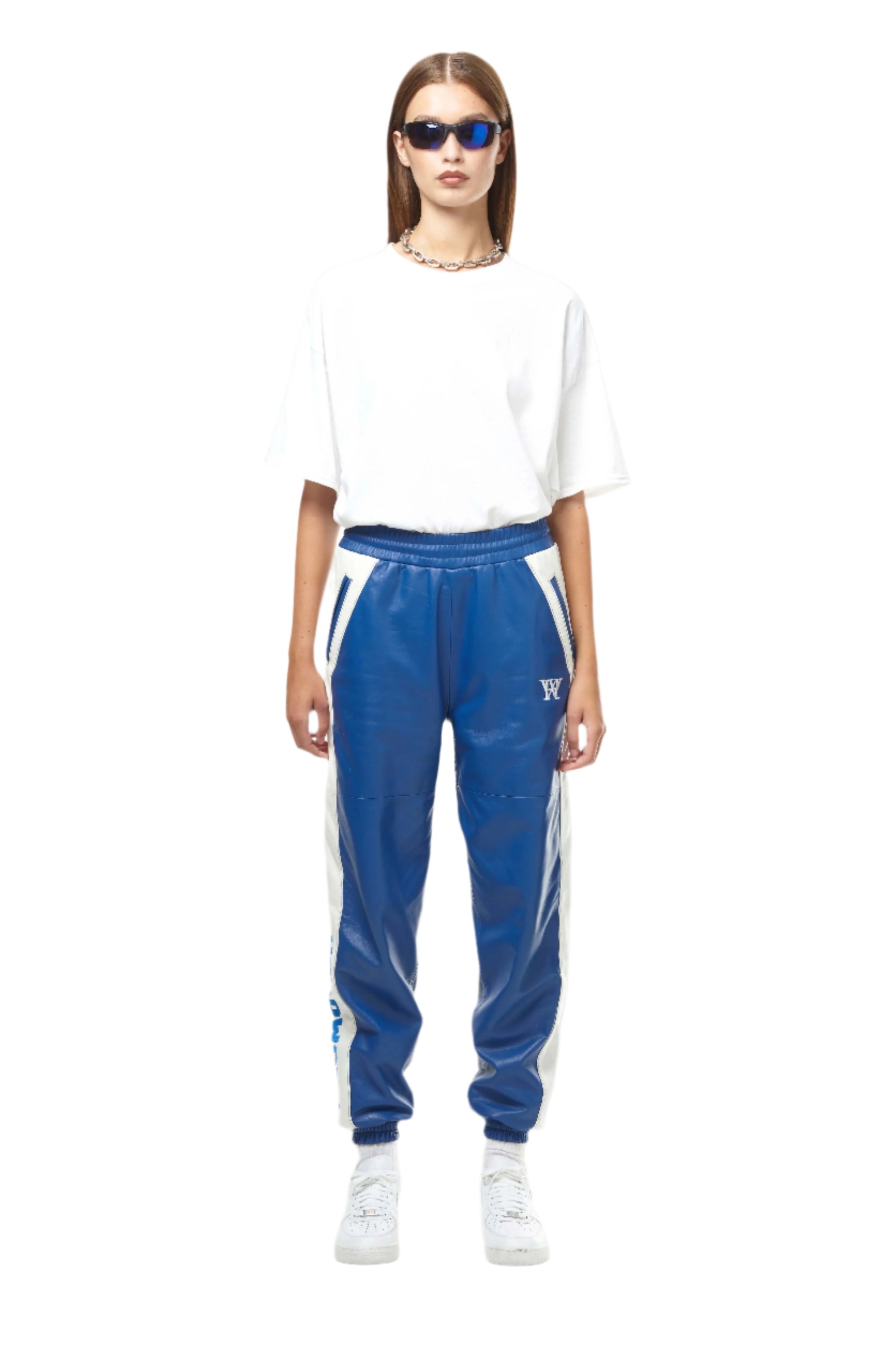 THE VIRALIZER UNISEX LEATHER TRACKSUIT BOTTOMS IN WHITE AND ROYAL BLUE