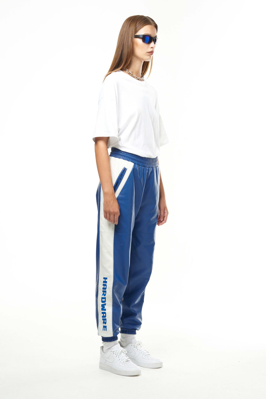 THE VIRALIZER UNISEX LEATHER TRACKSUIT BOTTOMS IN WHITE AND ROYAL BLUE