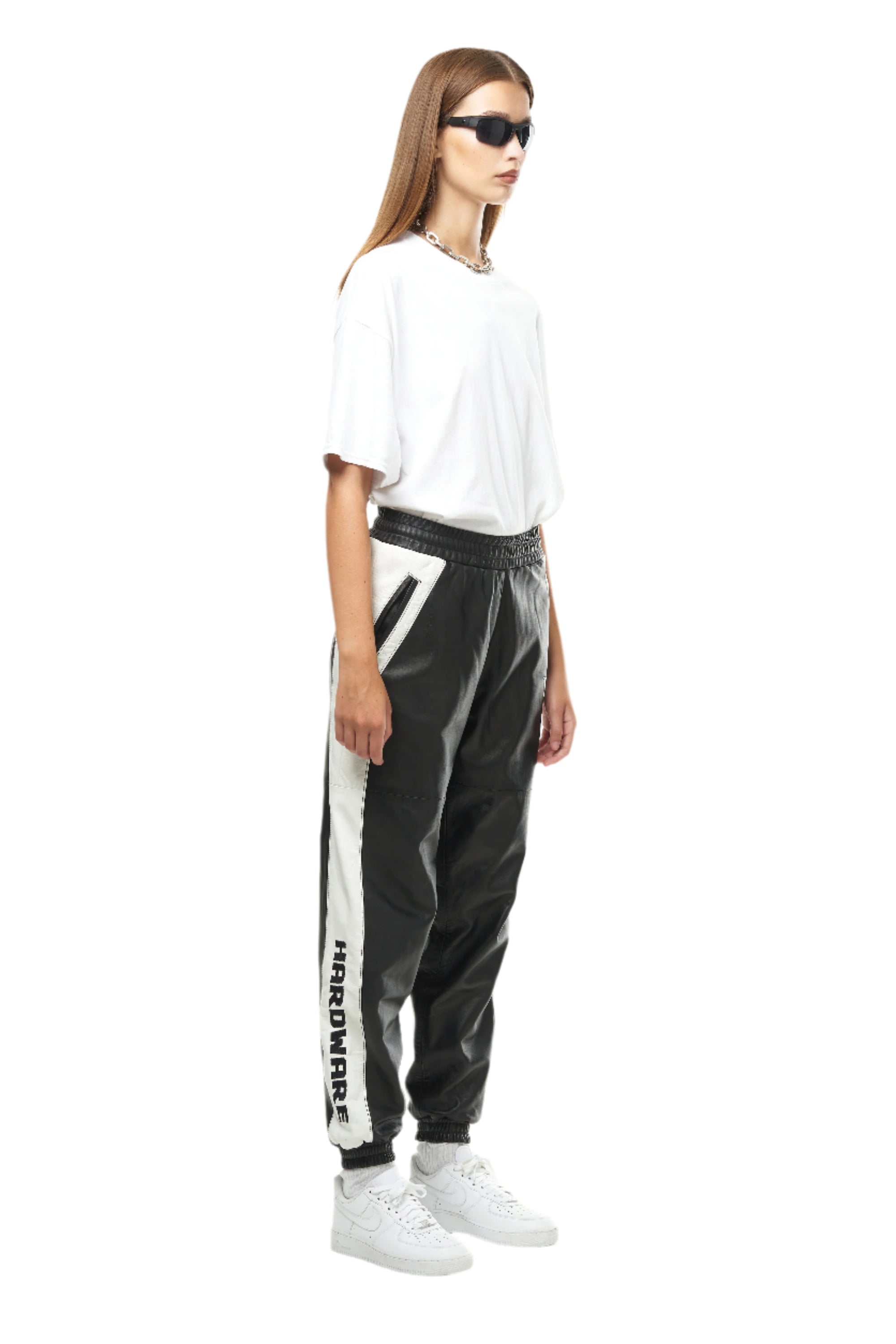 THE VIRALIZER UNISEX LEATHER TRACKSUIT BOTTOMS IN BLACK AND WHITE