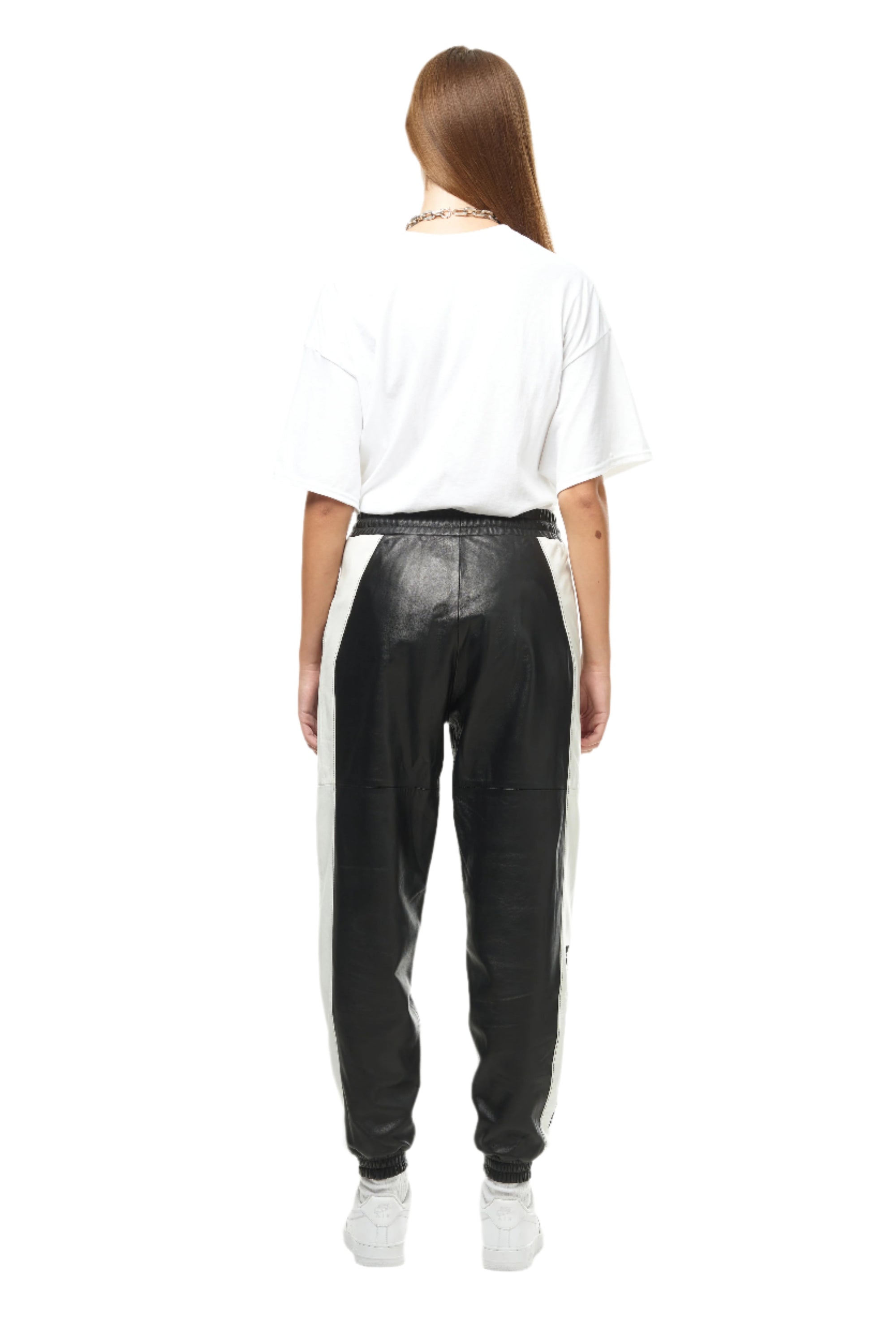 THE VIRALIZER UNISEX LEATHER TRACKSUIT BOTTOMS IN BLACK AND WHITE