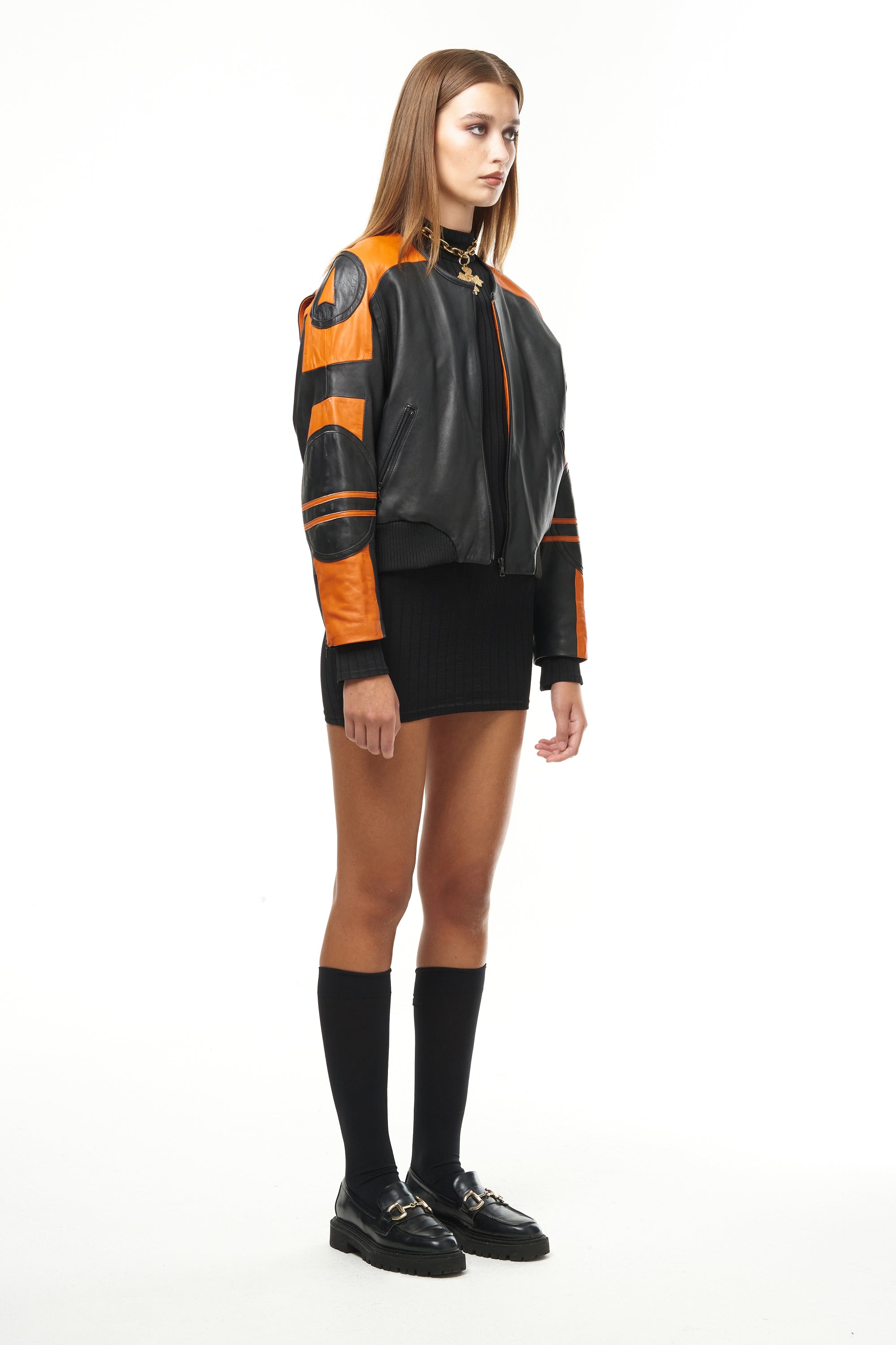 BLACK & ORANGE LEATHER RACER BOMBER JACKET 003