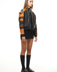 BLACK & ORANGE LEATHER RACER BOMBER JACKET 003