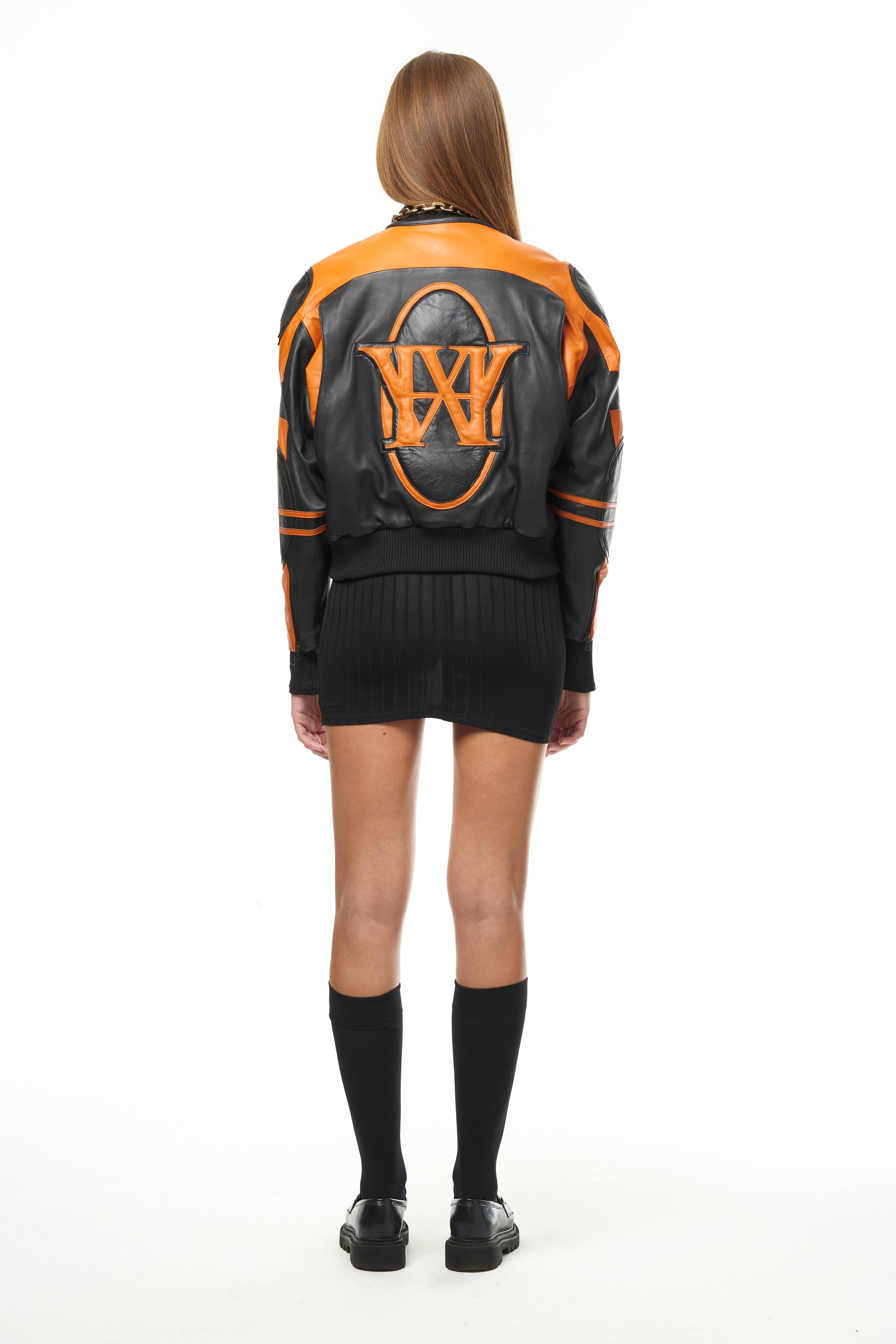 BLACK & ORANGE LEATHER RACER BOMBER JACKET 003