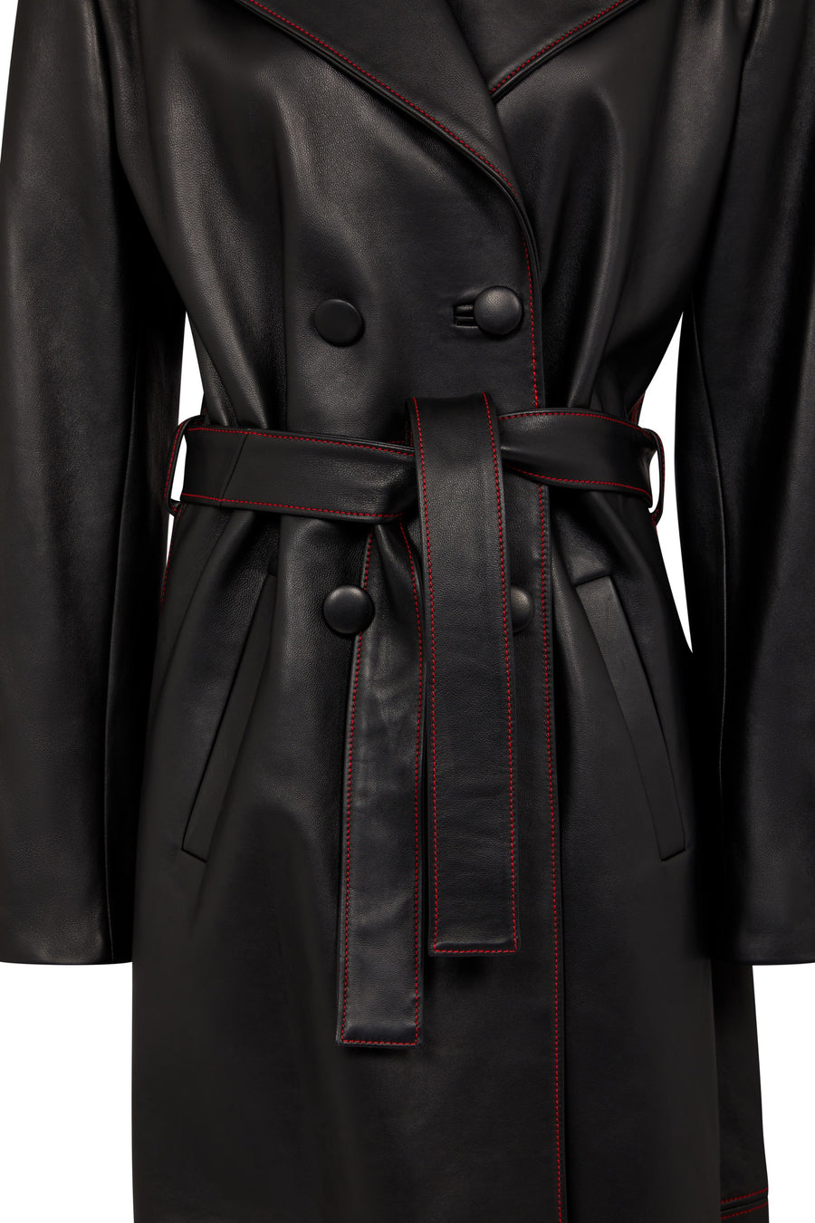 Womens Black Leather Trench Coat With Red Stitch Detail 