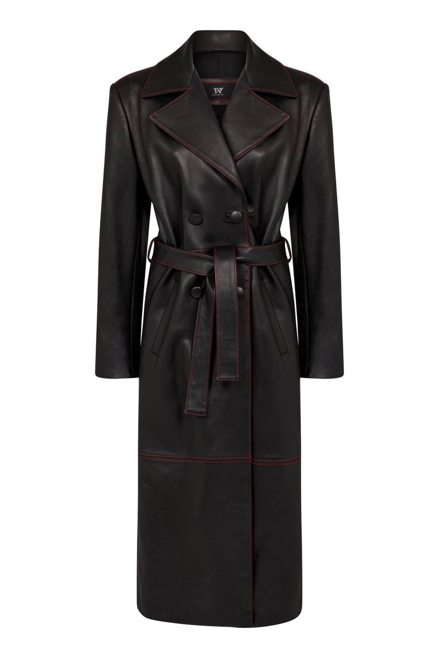 Womens Long Leather Trench Coat With Red Stitching