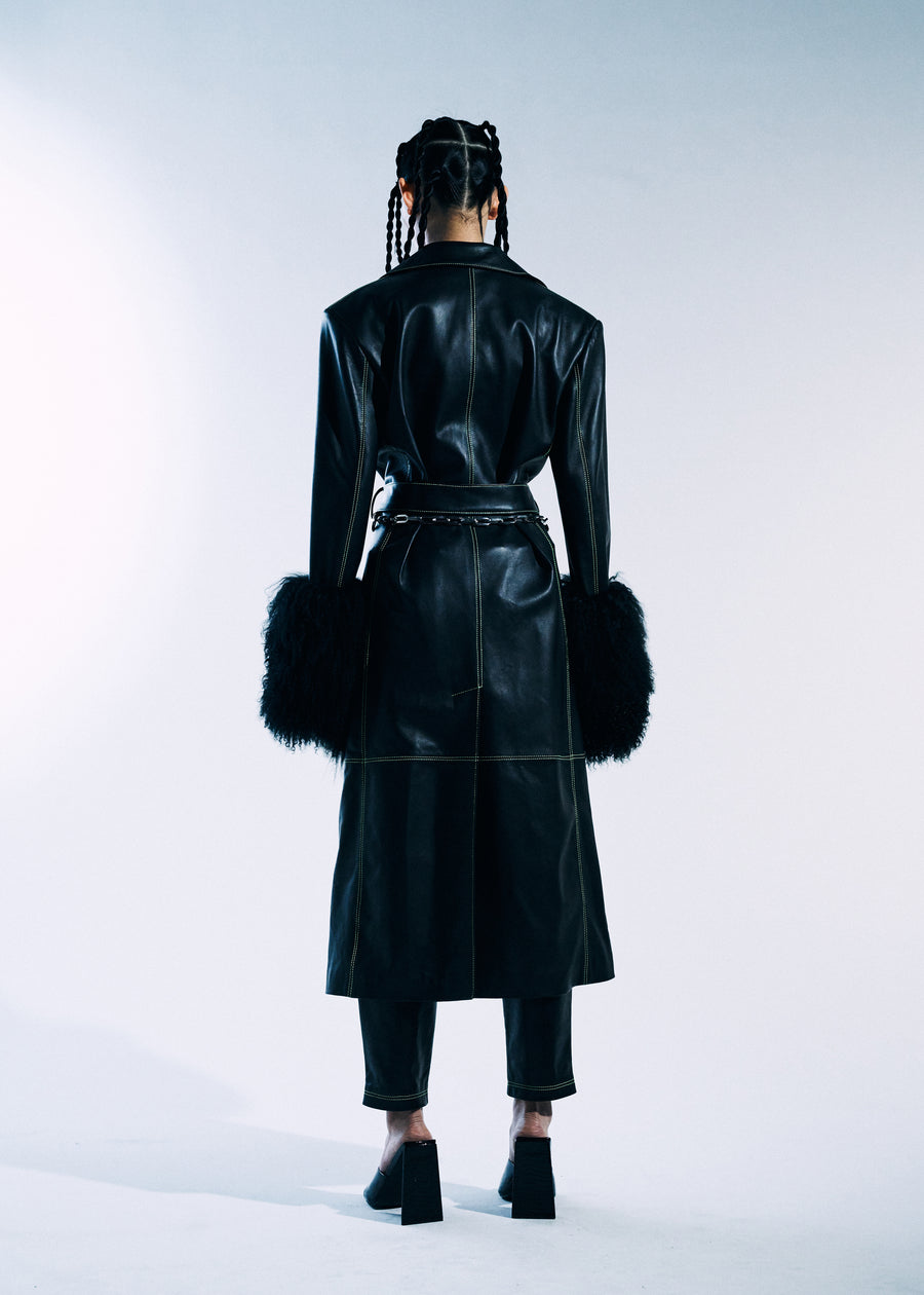 MIDNIGHT LEATHER TRENCH  W // GREEN CONTRAST STITCH