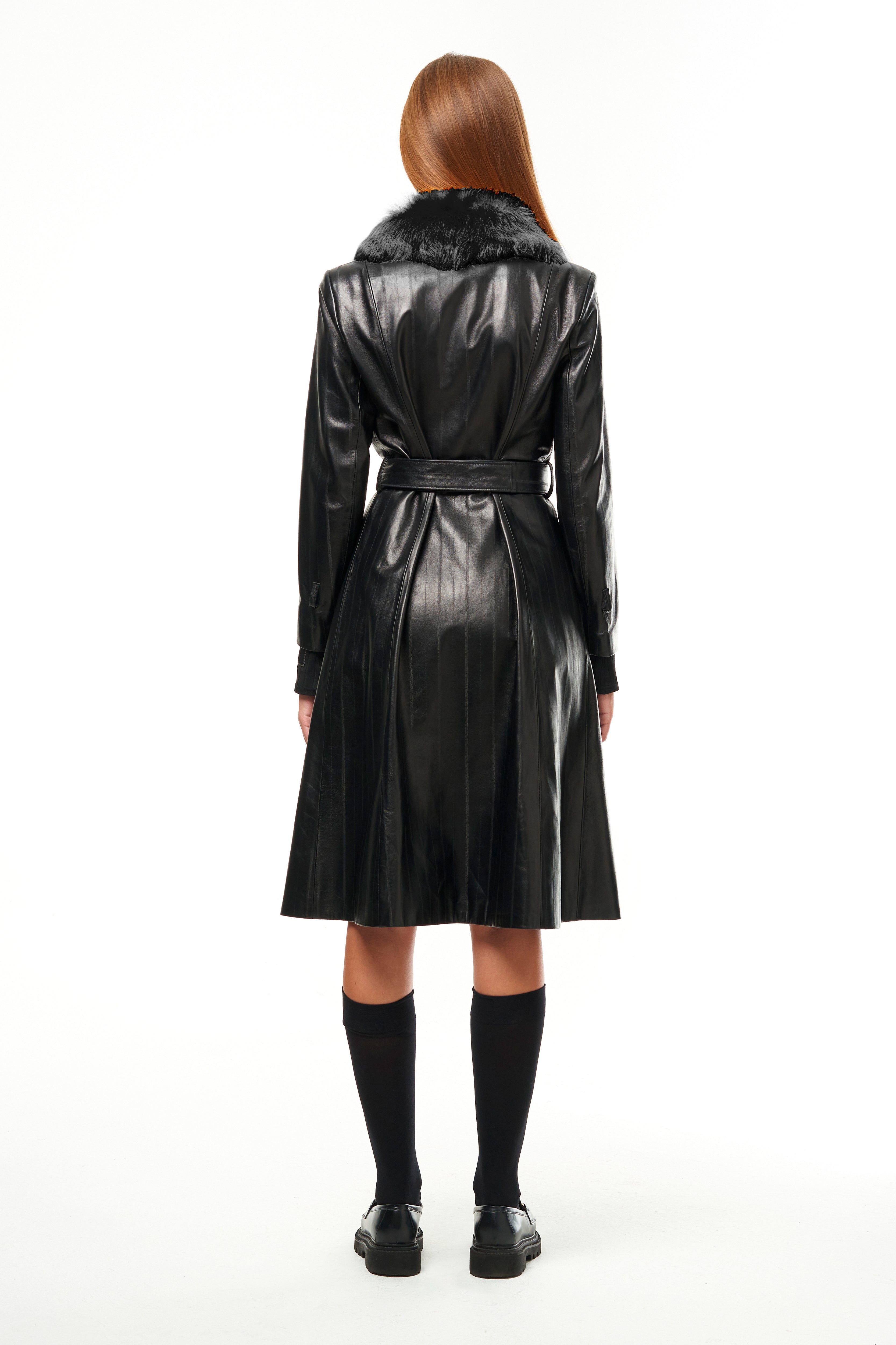 Double-Breasted Leather Trench Coat, Black (US, Alpha, X