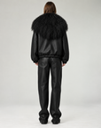LEATHER LANE UNISEX BLACK LEATHER BOMBER JACKET WITH MONGOLIAN FUR HOOD