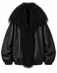 LEATHER LANE UNISEX BLACK LEATHER BOMBER JACKET WITH MONGOLIAN FUR HOOD