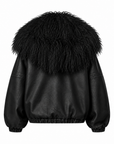 LEATHER LANE UNISEX BLACK LEATHER BOMBER JACKET WITH MONGOLIAN FUR HOOD