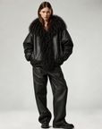 LEATHER LANE UNISEX BLACK LEATHER BOMBER JACKET WITH MONGOLIAN FUR HOOD
