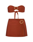 BUCKLE BANDEAU BIKINI TOP AND BUCKLE SLIT SKIRT SET IN COPPER