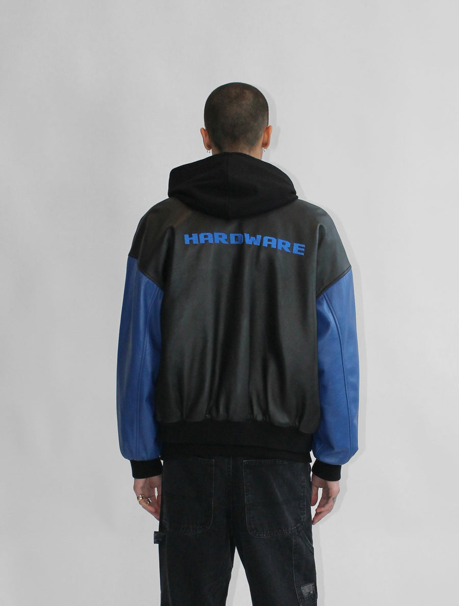 THE SQUAD LEATHER UNISEX BOMBER IN BLACK AND BLUE