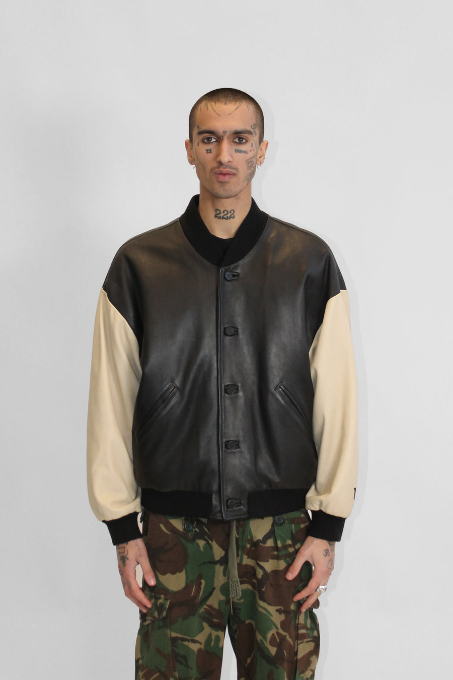 THE SQUAD UNISEX LEATHER BOMBER IN BLACK AND CREAM