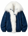UNISEX DENIM BOMBER JACKET WITH MONGOLIAN FUR HOOD