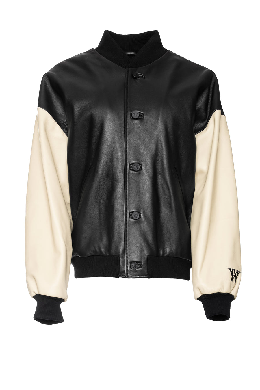 THE SQUAD UNISEX LEATHER BOMBER IN BLACK AND CREAM
