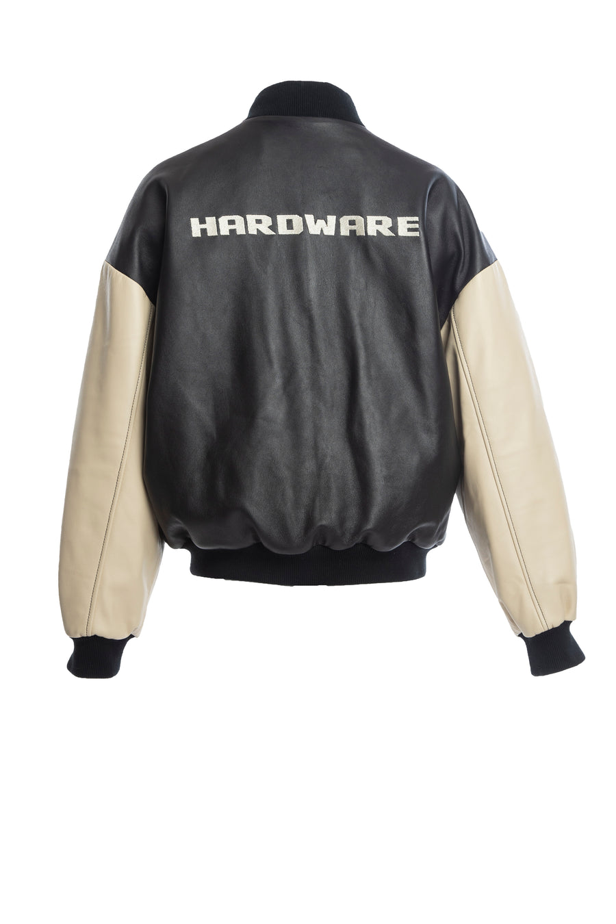 THE SQUAD LEATHER BOMBER IN BLACK AND CREAM