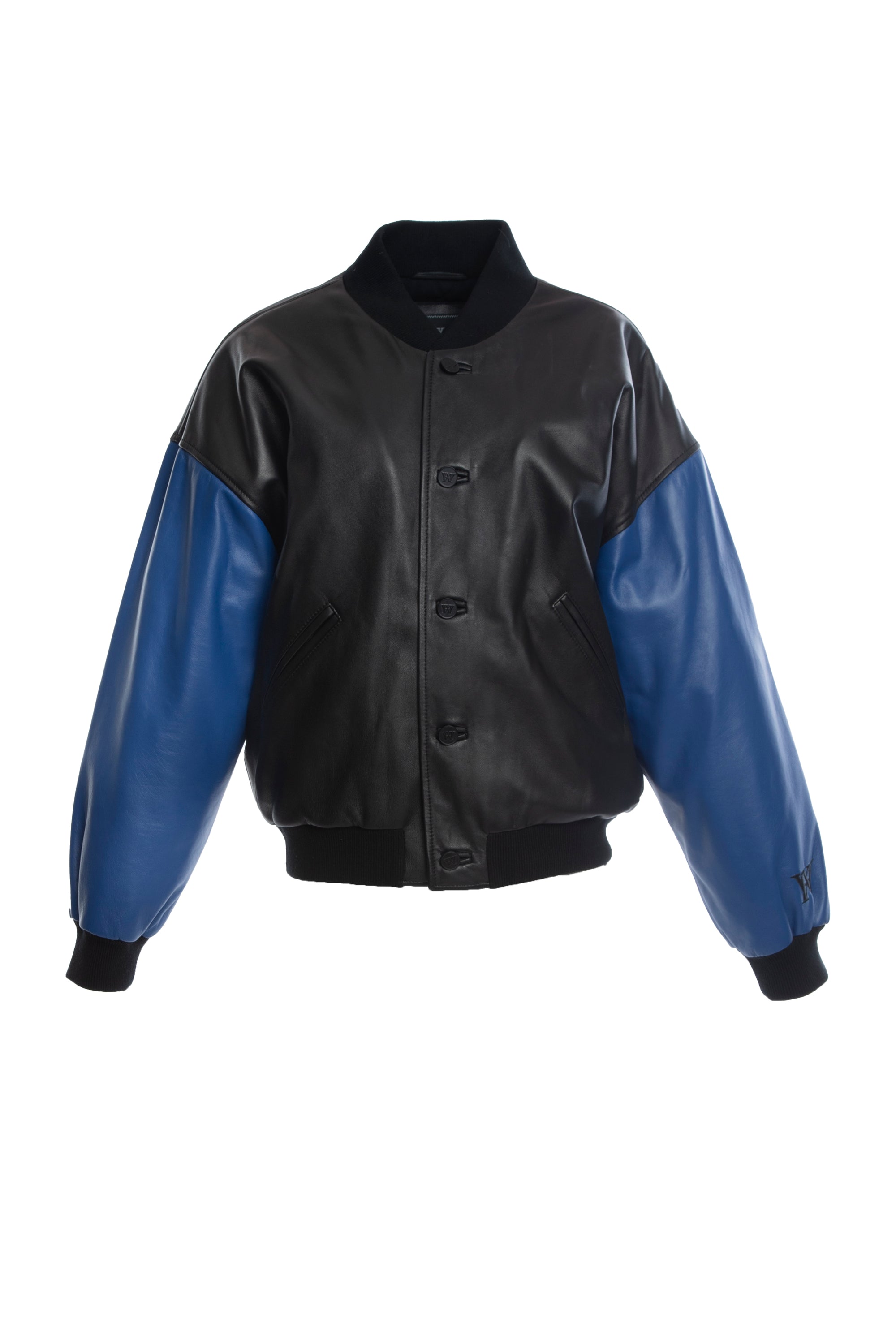 THE SQUAD LEATHER UNISEX BOMBER IN BLACK AND BLUE